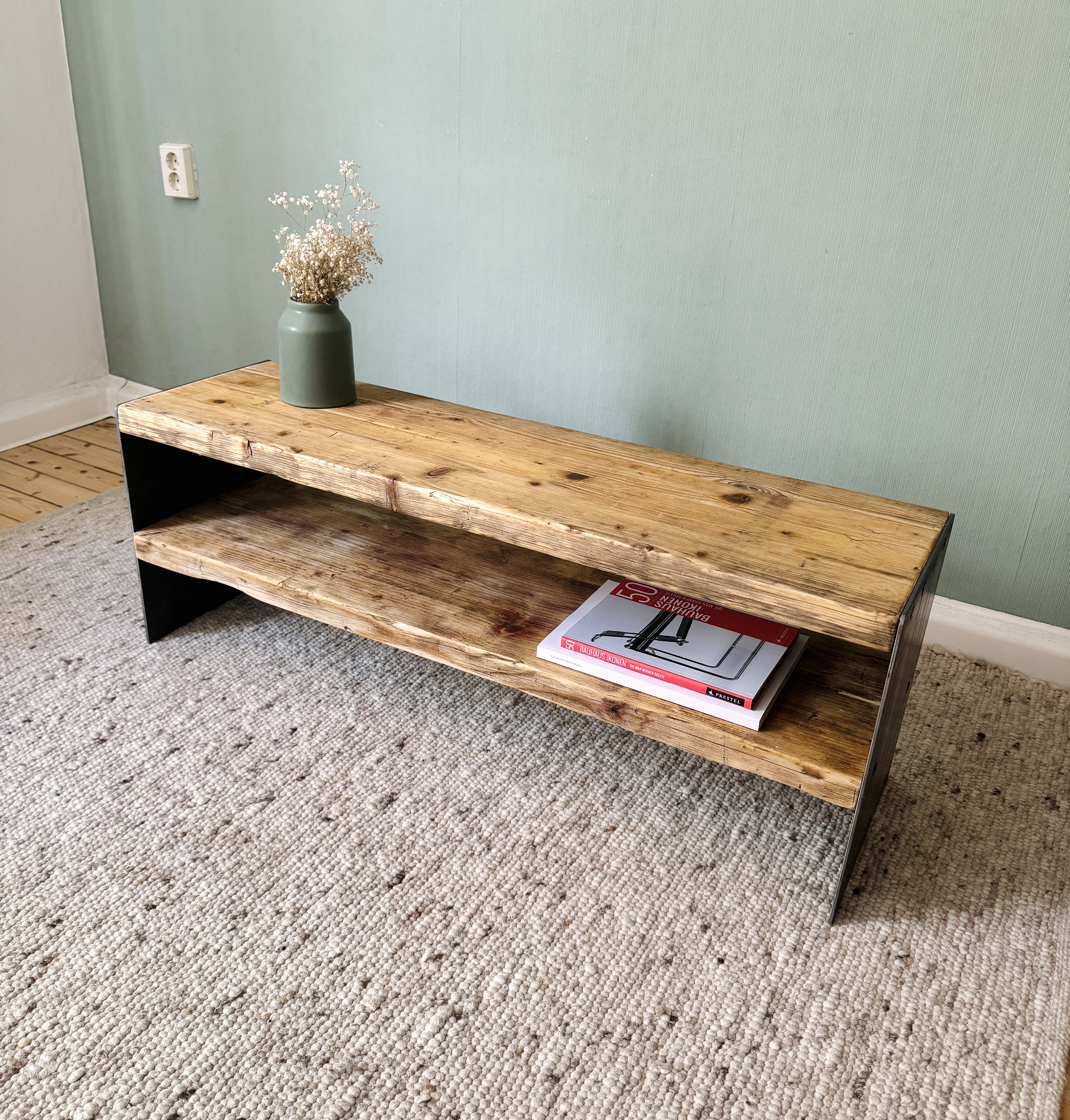 Banc Huilé Style Industriel | Table Basse Avec Étagère En Bois De Récupération À Chaussures Meuble Bas Buffet Tv Planches D'échafaudage Design