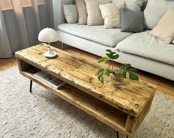 Mesa de centro | Mueble bajo hecho de tablones de andamio | Madera maciza | Madera recuperada | Mesa de centro | Mesa de salón con estante | Mesa de madera