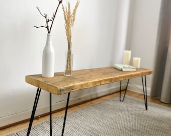 Banco de tablones de andamio, patas de horquilla, mueble de TV, aparador, mueble bajo, banco rústico de madera, madera recuperada, madera maciza, estilo campestre, internacional