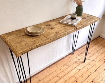 Industrial-style wall console made from reclaimed wood | Narrow desk made from scaffolding planks, laptop desk with hairpin legs | Handmade hallway sideboard/highboard
