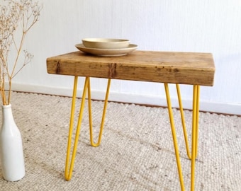 Side table made of reclaimed wood *oiled* with yellow hairpin legs, bedside table, stool made of construction timber, scaffolding planks, scaffolding boards