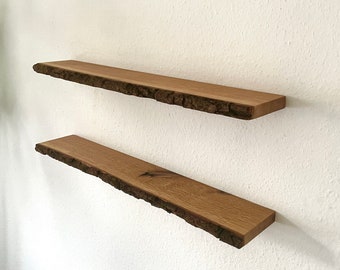 Wall shelf oak wood floating oiled with bark tree edge | floating shelf