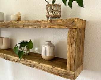 Wall shelf, oiled, scaffold plank, floating, two levels | Reclaimed wood | Floating shelf, scaffold board | Construction timber | Catering