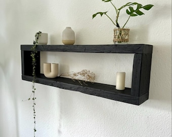 Floating two-tier shelf, black stained, Yakisugi style | Scaffold planks, construction timber, reclaimed wood for kitchen, hallway, living room, bedroom, etc.