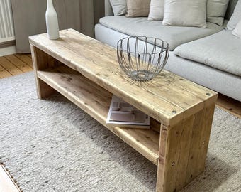 Bank met opbergruimte gemaakt van steigerplanken, schoenenbank, salontafel, tv-meubel, dressoir, lage tafel, rustieke houten bank van gerecycled hout, massief hout
