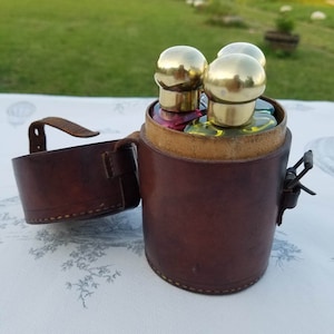 Antique French Leather Scent Bottle Set: Brass Top Glass Travel Case