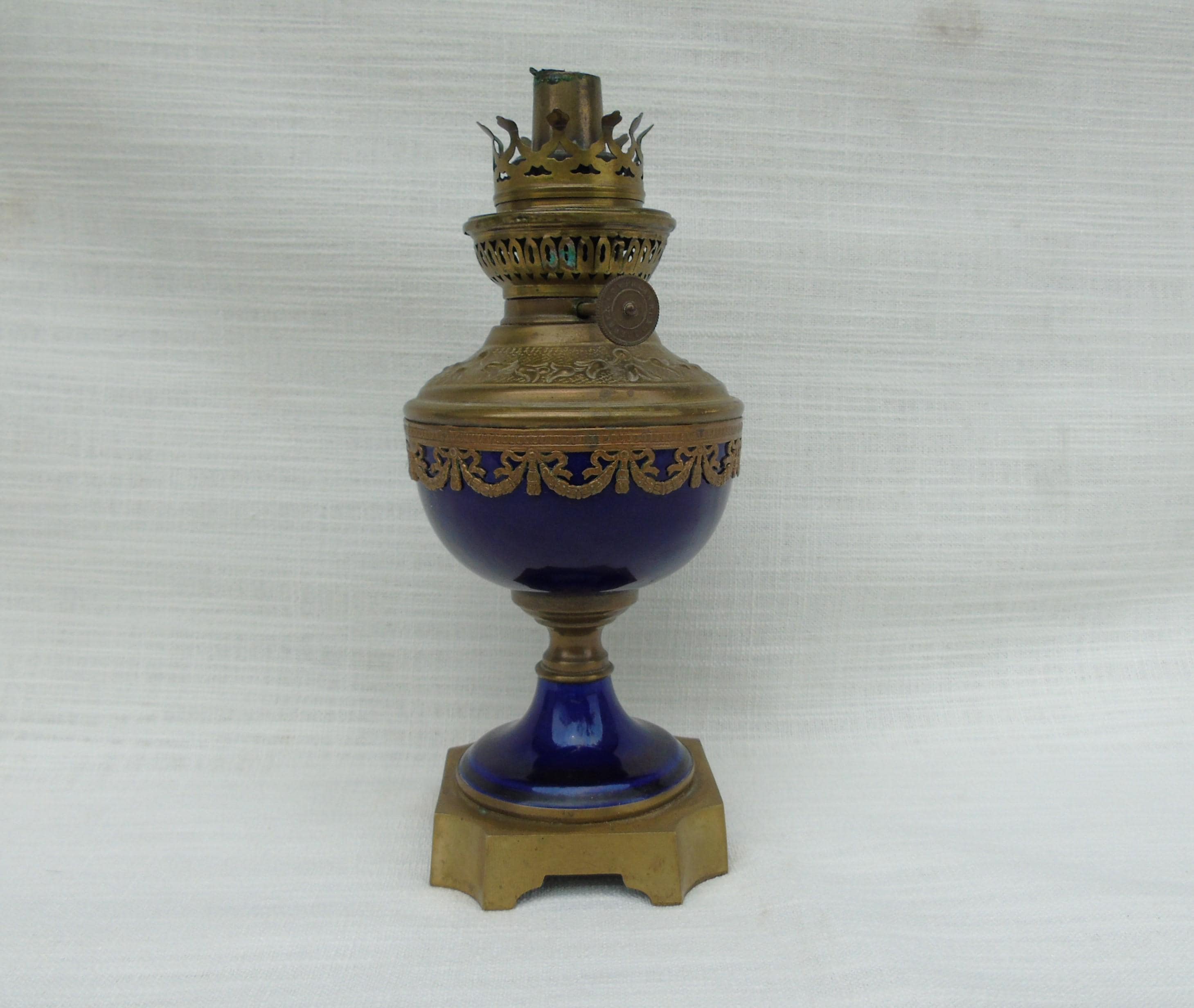 アンティーク 1880 年代 フランス製 ブロンズとブルーの磁器製オイル