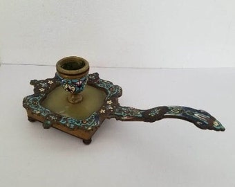 Candelabro antiguo francés de bronce cloisonné, candelabro de ónix