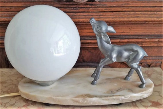 Antique Français Lampe Art Déco, 1930S Bambi Deer & Glass Globe, de Table, Latérale, Décoration Inté