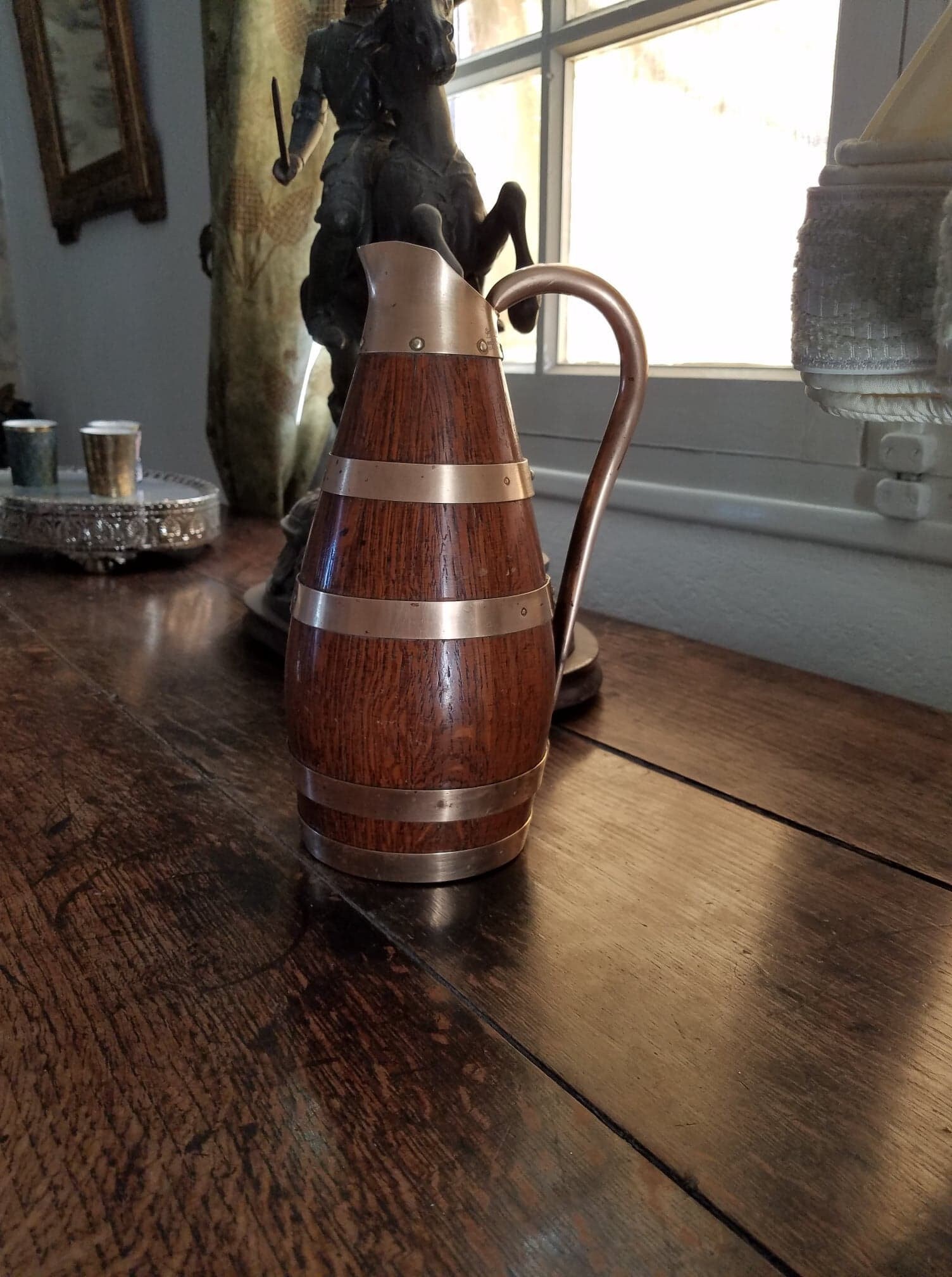 Millésime Français Oak Wine Or Cider Jug, Geraud Lafitte, 1933, Chêne avec Bandes de Cuivre,