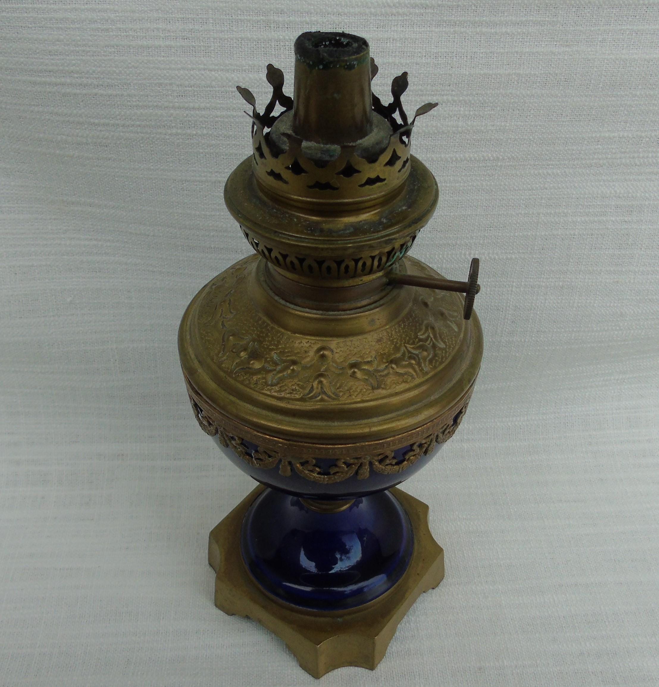 アンティーク 1880 年代 フランス製 ブロンズとブルーの磁器製オイル