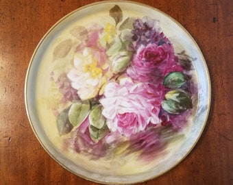 Limoges French antique Charger With Hand Painted Roses by W.G. Guerin & Co Limoges