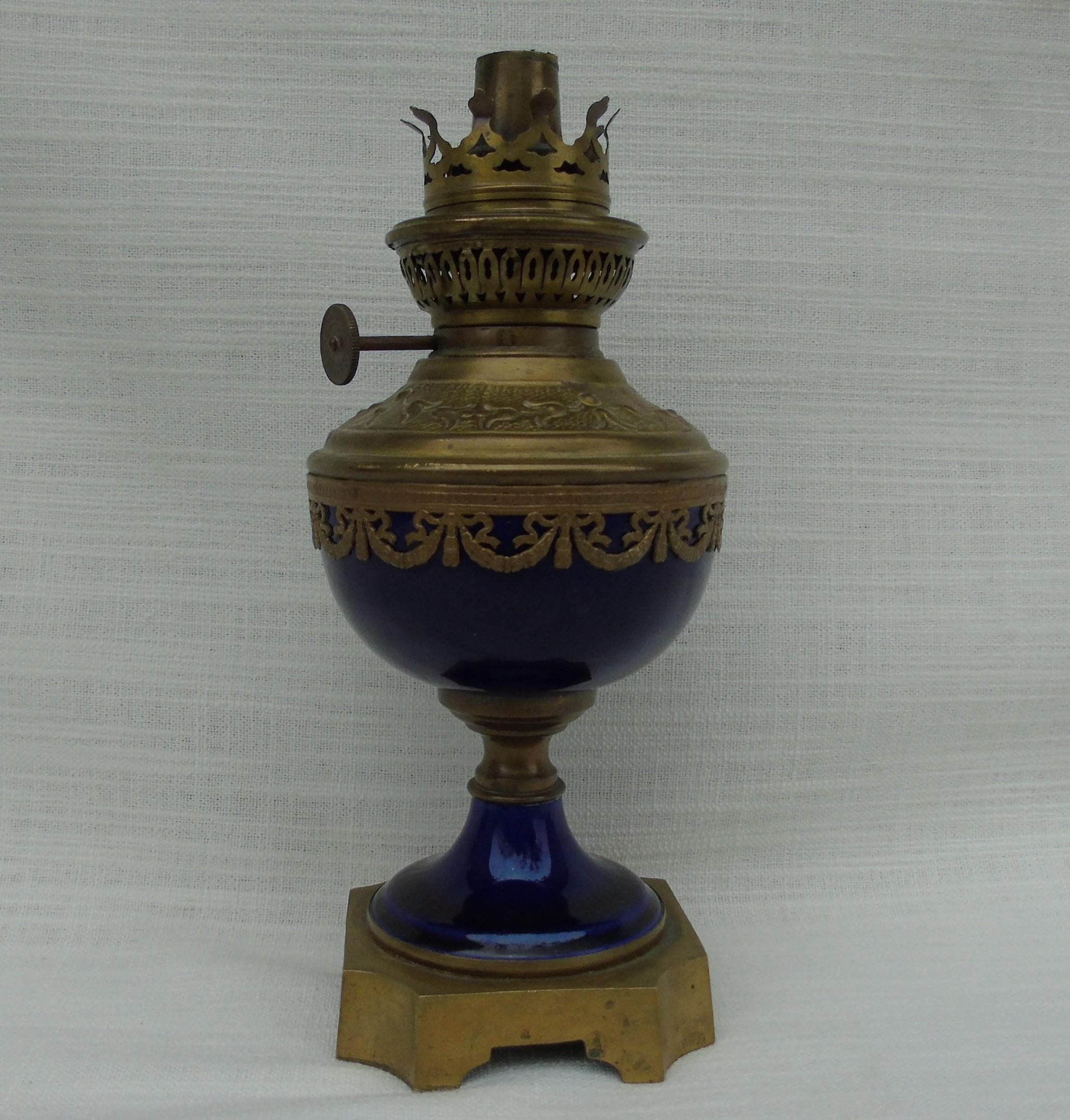 アンティーク 1880 年代 フランス製 ブロンズとブルーの磁器製オイル