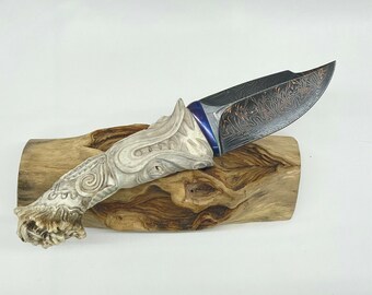 Knife Mosaic Damascus Knife Nickel Titanium Elk Antler"Sun God"