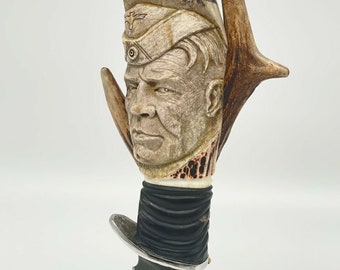 Knife collector's knife hand-carved elk antler buffalo horn silver "Soldier World War 2"