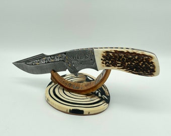 Knife Mosaic Damask Folding Knife Engraving Titanium Deer Antler Handmade "Deer"