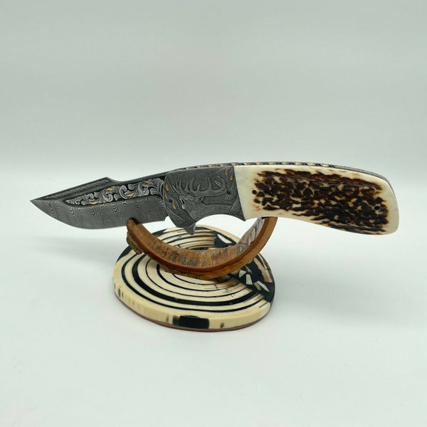 Knife Mosaic Damask Folding Knife Engraving Titanium Deer Antler Handmade "Deer"