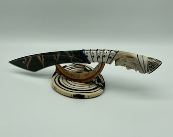 Knife Mosaic Damascus Knife Hand Carved Elk Antlers Titanium Collector "Joker 2"