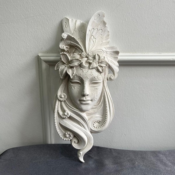 Wall Decor Gypsy Mask Statue, Gypsy Art Sculpture, White Home Decor, Handmade Stone, Perfect Gift Idea