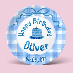 Custom Blue Birthday Plate, Personalized Name & Date with Candle Cake Design, Unique Keepsake Gift for Baby, Kids,  First Birthday P529AIP0
