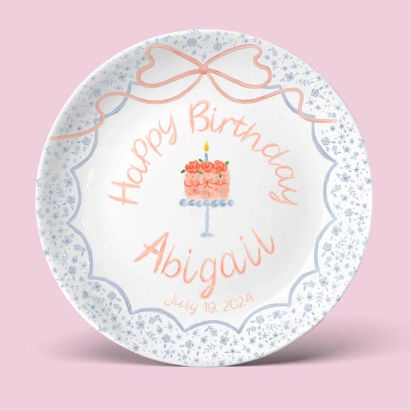 Personalized Birthday Plate for Girls – Custom Pink Cake Plate with Name & Floral Edge – Ceramic Keepsake Gift Idea P529DCW0