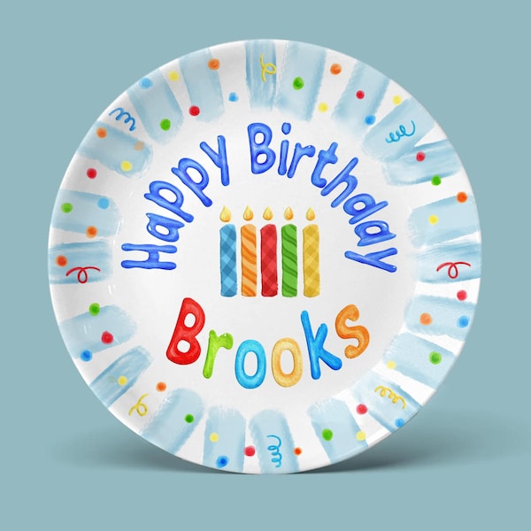 Plato de cumpleaños para niño con estampado de cuadros vichy – Recuerdo del primer cumpleaños con lunares azules – Plato para pastel de primer cumpleaños – Plato personalizado para bebé P75QB10