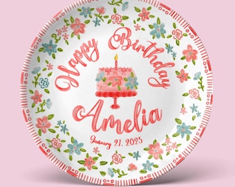 Personalized Birthday Plate, Custom Pink and Blue Floral Ceramic Keepsake, Unique Birthday Gift for Her P1017CQC0
