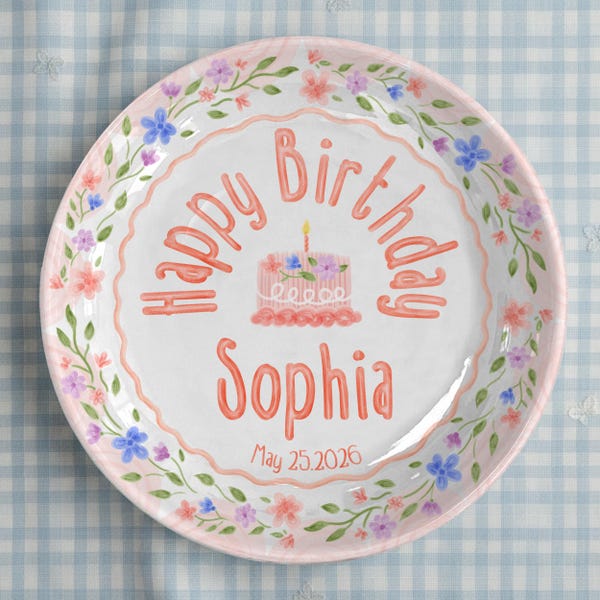 Personalized Birthday Plate with Name – Custom Ceramic Birthday Plate with Cake & Flowers – Birthday Keepsake Gift for Kids or Adults