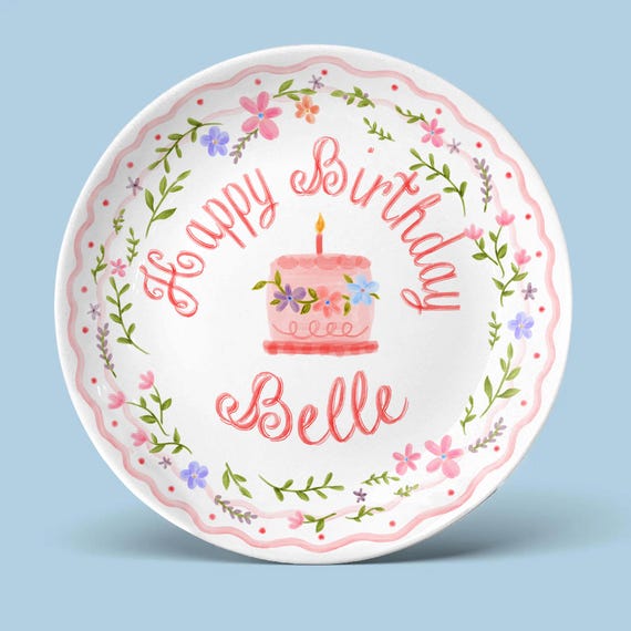 Girls Scalloped Birthday Plate, Dainty Roses Pink Bow Ribbon, First Birthday Keepsake – 1st Birthday Smash Cake Plate, Coquette Gift P75HPI0