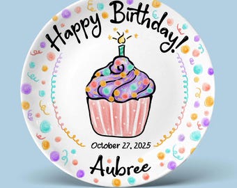 Custom Birthday Plate, Personalized Cupcake Keepsake, Pastel Birthday, Unique Birthday Gift for Kids, Ceramic Celebration Plate P828WE90