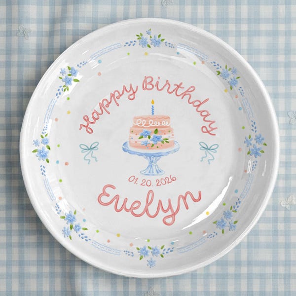 Personalized Ceramic Birthday Plate for Girl, Forget-Me-Not Floral Keepsake, Pink Gingham Name Plate P23XTK0