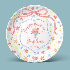 Custom Birthday Plate for Girls – Personalized Name, Floral Cake Design & Ribbon Border – Unique Ceramic Keepsake Gift P529OGY0