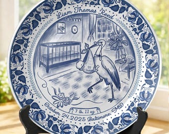 Personalized Birth Plate Blue White Ceramic Keepsake, Custom Baby Name Plate, Newborn Stats Plate, Baby Shower Gift, Nursery Decor P513BFY0