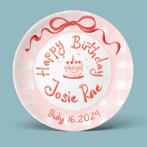 Personalized Pink Birthday Plate – Custom Name & Date with Cake Ribbon Design – Ceramic Keepsake Gift for Girls P529NME0