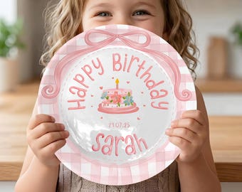 Personalized Birthday Plate for Girl, Pink Gingham Custom Name Plate, First Birthday Ceramic Keepsake, Baby Girl Birthday Gift P519DC10
