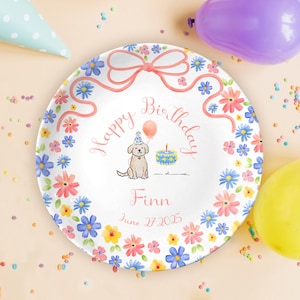 Girls Birthday Plate – Personalized Ceramic Plate with Dog, Cake, Balloons – Custom Name Date – Kids First Birthday Gift P529NL20