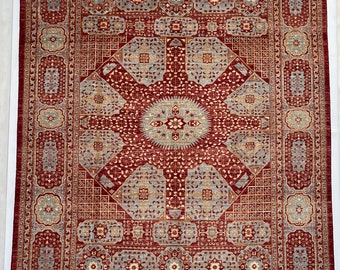 Mamluk Design 9x12 Area Rug Hand knotted with Organic dyes & Hand-spun Wool -Afghan Mamluk Rug for Living Room -Bedroom Rug Dinning Room Rug