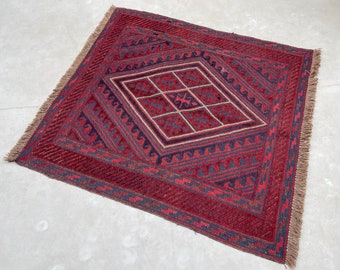 3x5 Ft Turkmen Bukhara Vintage Mashwani Rug Afghan Handmade Wool Rug- Oriental Rug- Hallway Rug- Bedroom Rug-Antique Tribal Rug 1.15x1.08 cm