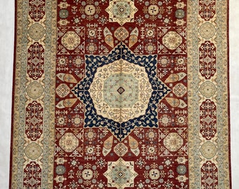 Mamluk Design 9x12 Area Rug Hand knotted with Organic dyes & Hand-spun Wool -Afghan Mamluk Rug for Living Room -Bedroom Rug Dinning Room Rug