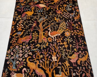 Animals 4x6 Tribal Birds Area Rug Hand-knotted with Organic dyes & Hand-spun Wool -Afghan Rug for Living Room -Bedroom Rug -Dinning Room Rug