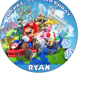 Super Mario Kart Gepersonaliseerde Boodschap Eetbare Cake Topper 7.5 "Ronde