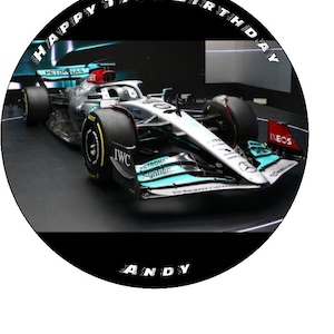Decorazione per torta commestibile con messaggio personalizzato Mercedes F1, rotonda, 19 cm