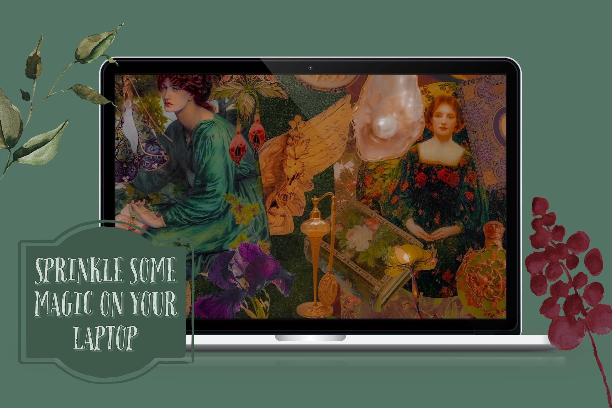 Aesthetic Digital Collage Screensaver Preraphaelite Art Themed, Green