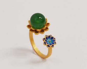 Enamel Flower Open Ring Green Jade Ring 14K Gold Plated Vintage Ring Gift for her