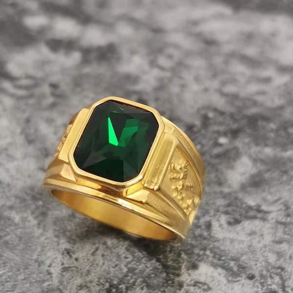 Men Green Gemstone Ring 14K Gold dragon Emerald Mens Rings Vintage Ring Jewellry Gift For Father