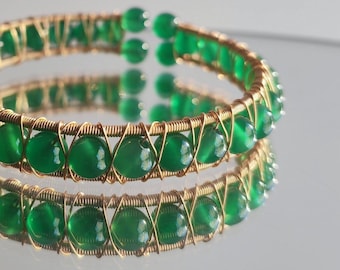 14KT GF JADE ビーズ バングル ブレスレット 平均サイズから大きめの 