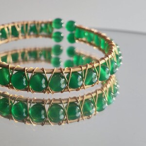 Green Jade Bangle Beaded Bracelet 14K Gold Plated Wire Bracelet Gemstone Jewelllry
