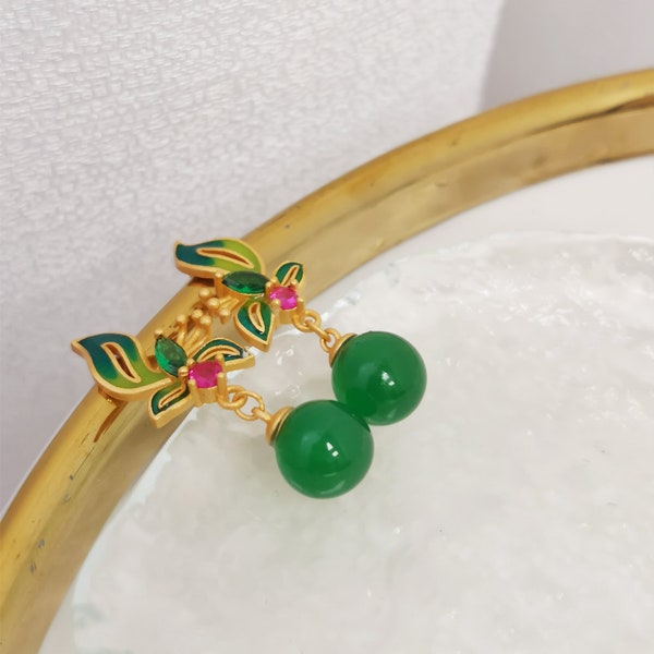 Emerald Jade Earrings Drop Dangle Magnolia Flower Earring Vintage Green Jewellry