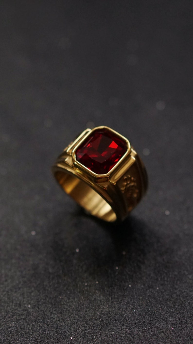 Men Red Gemstone Ring 14K Gold Dragon Emerald Mens Rings Vintage Ring ...