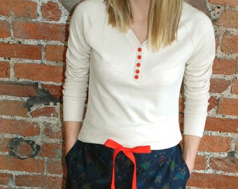 Confetti Oat Henley Pajama Top, Long Sleeve V-Neck, Handmade in Britain